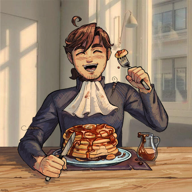 Here&#39;s my character Vinn enjoying some pancakes after a hard journey!